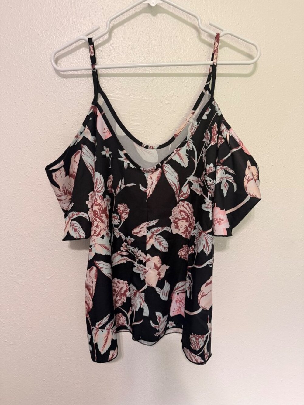 Womans Cold Shoulder Top Black with Pink Blue Floral Size L